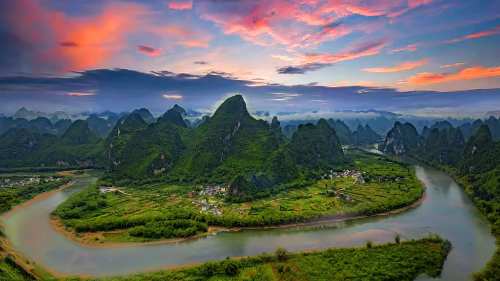 Sunset River Mountains Landscape Clouds Scenery