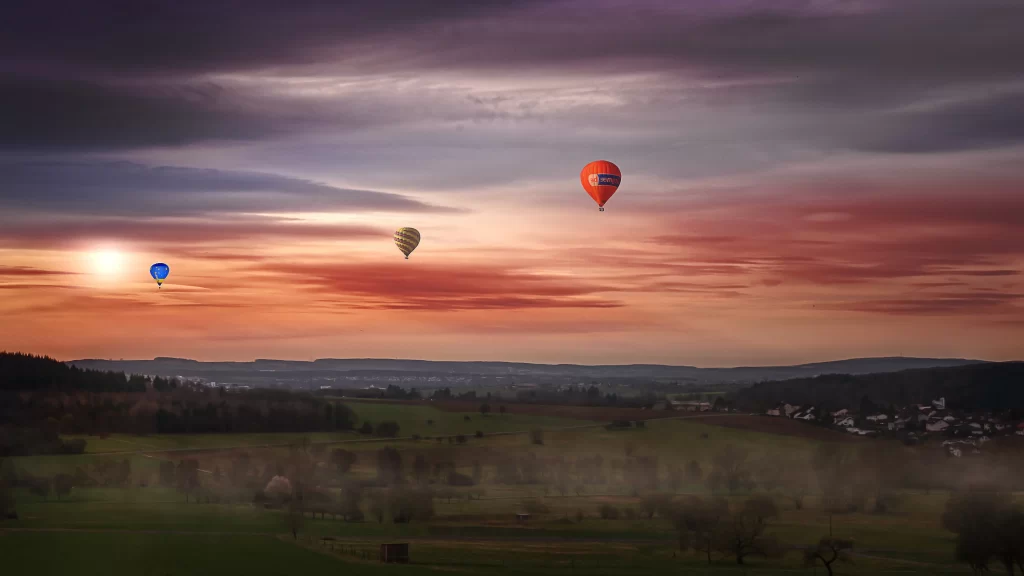 Sunset Sky Hotairballoons Landscape Trees Houses