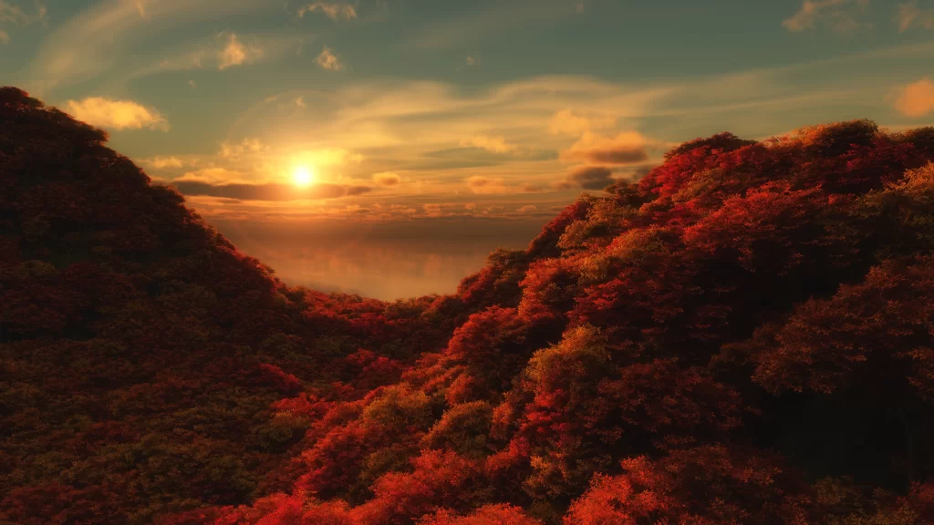 Sunset Autumn Forest Mountains Clouds Orange