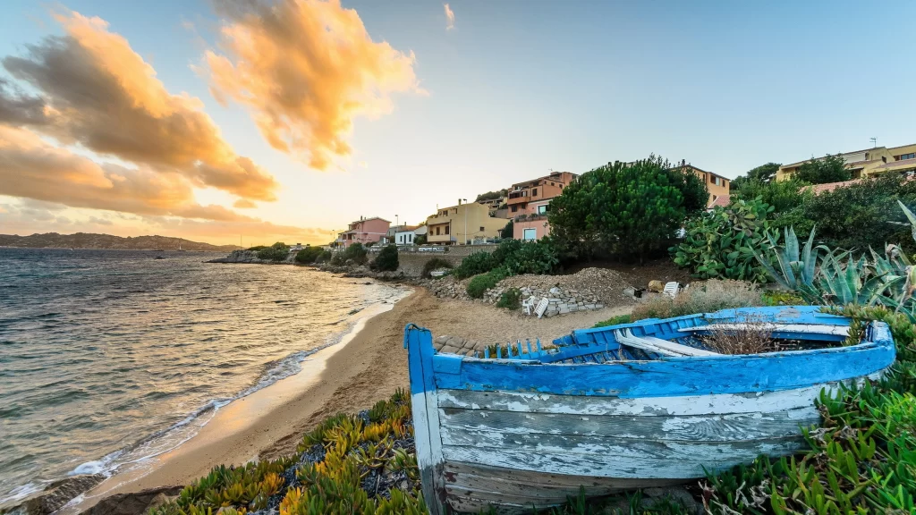 Sunset beach boat clouds ocean vegetation