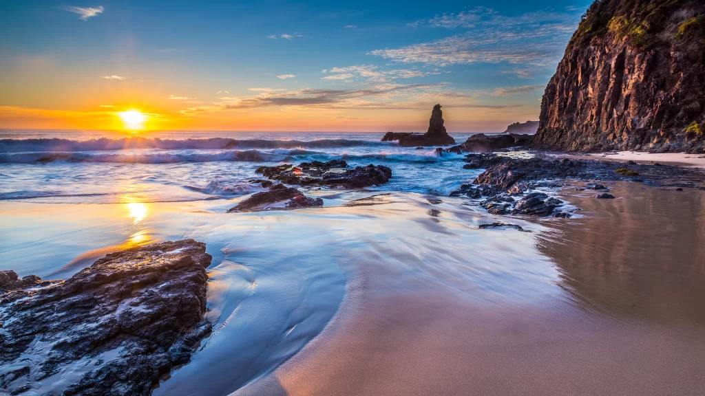 Sunset Beach Ocean Waves Rocks Sky