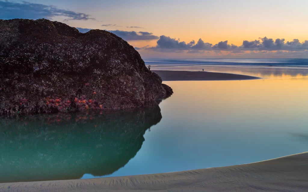 Sunset beach water rock reflection sky