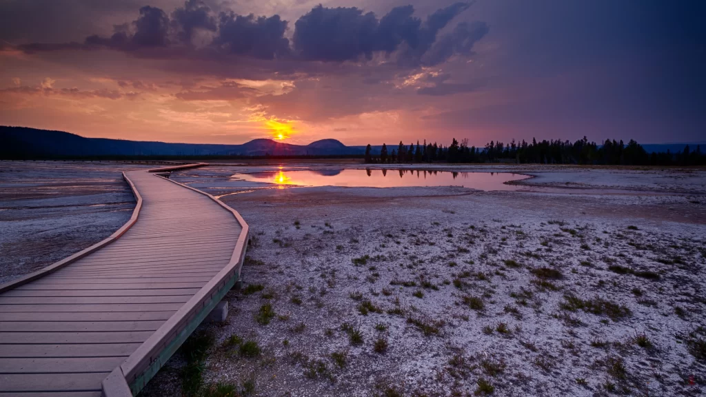 Sunset boardwalk landscape reflection clouds nature