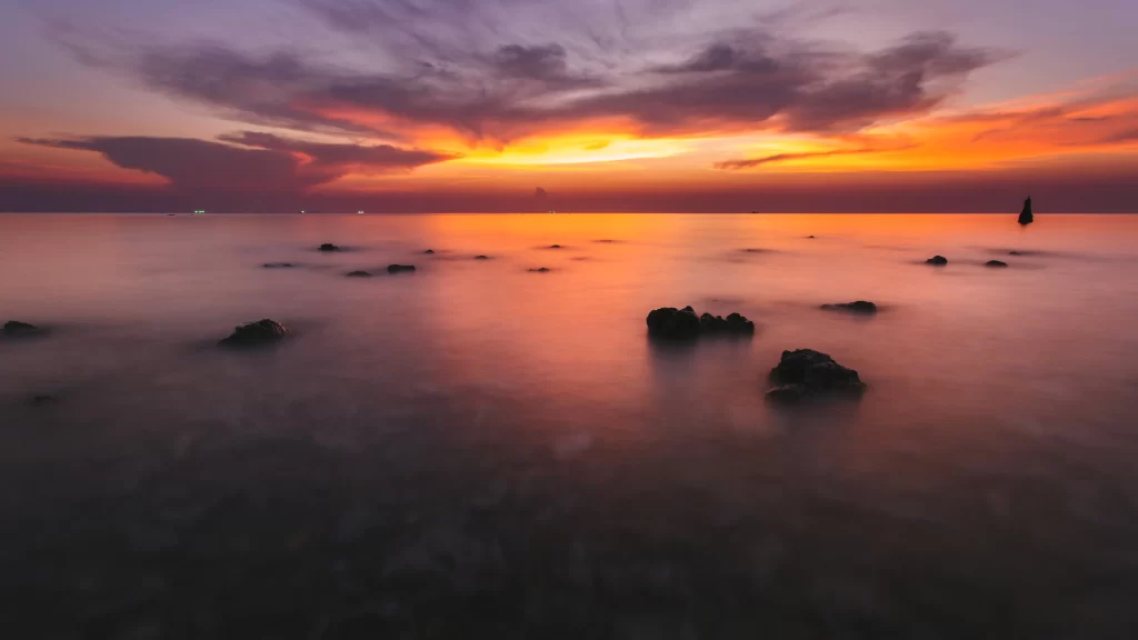 Sunset Calm Sea Rocks Sky Clouds Tranquil