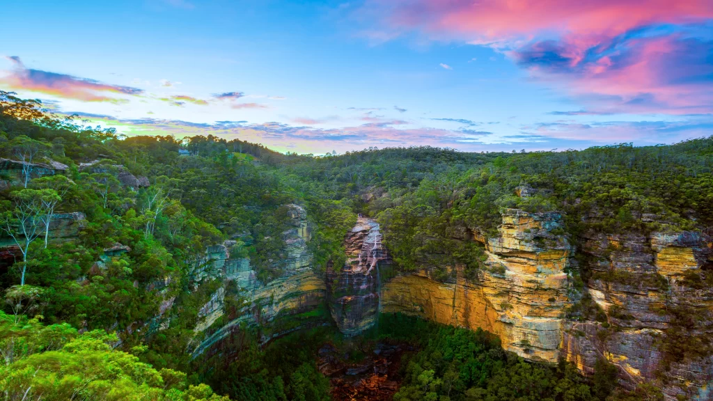 Sunset Canyon Waterfall Greenery Cliffs Sky