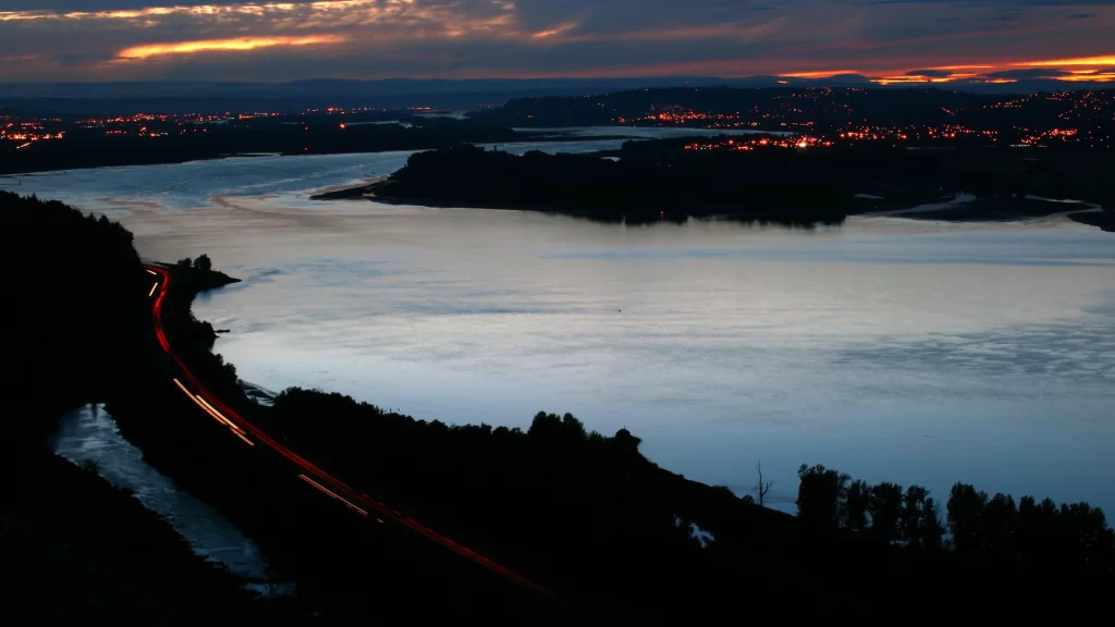 Sunset city lights river bridge nature landscape