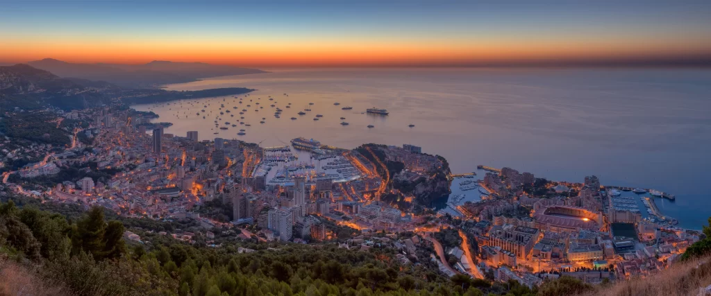 Sunset Cityscape Coastline Boats Buildings Ocean