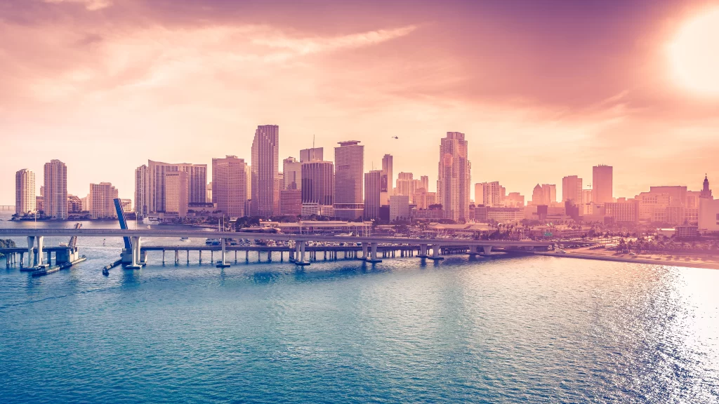 Sunset Cityscape Skyline Bridge Water Buildings