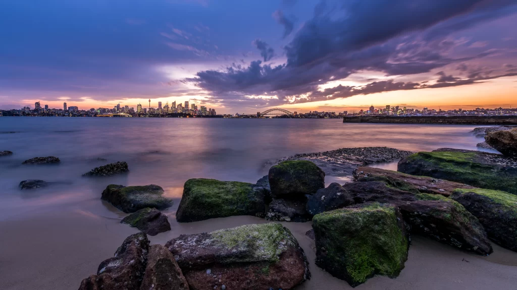 Sunset Cityscape Skyline Harbor Rocks Clouds