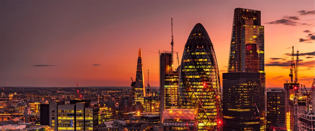 Sunset Cityscape Skyscrapers Illuminated Modern Architecture