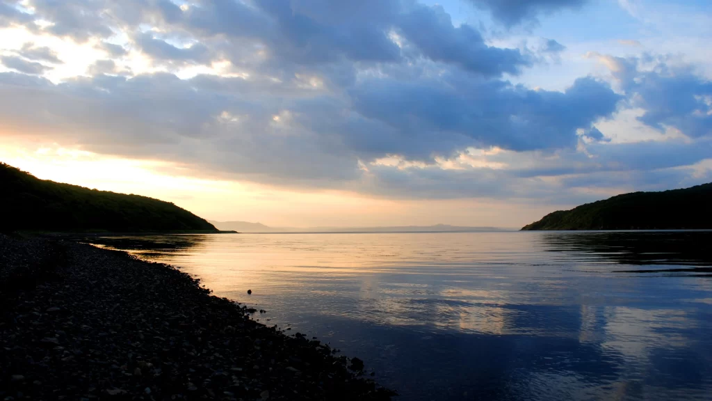 Sunset clouds water reflection shore nature