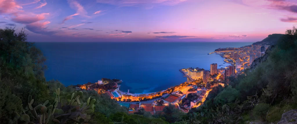Sunset Coastal City Ocean Buildings Lights Sky