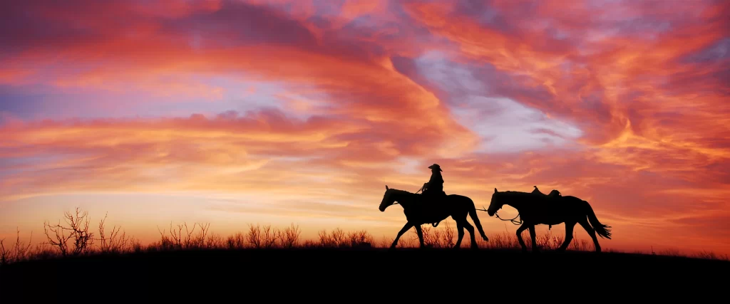 Sunset Horses Rider Landscape Clouds Silhouette