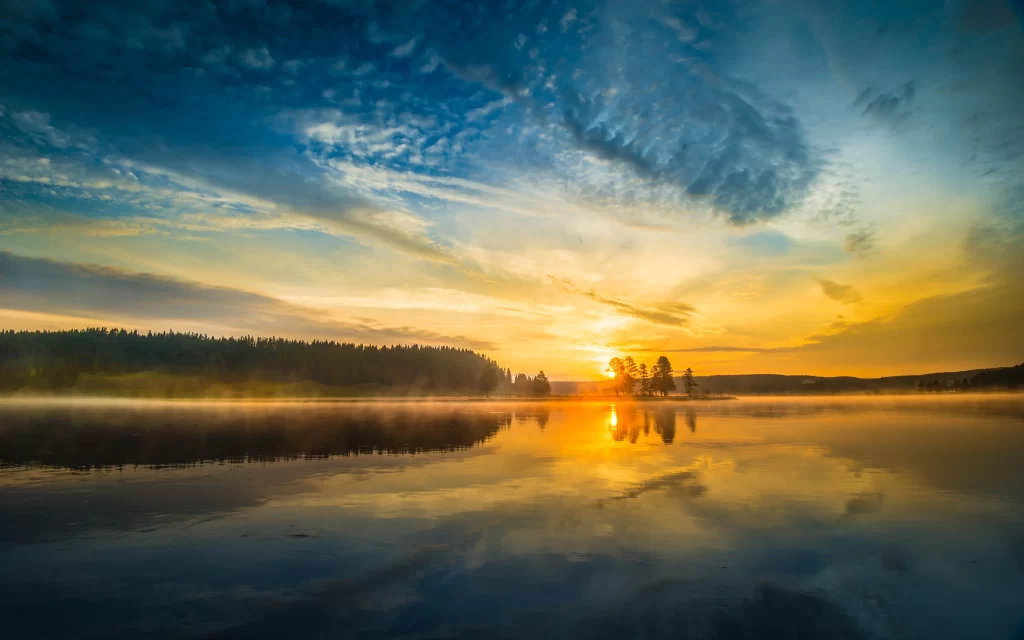 Sunset lake reflection clouds trees mist tranquil nature