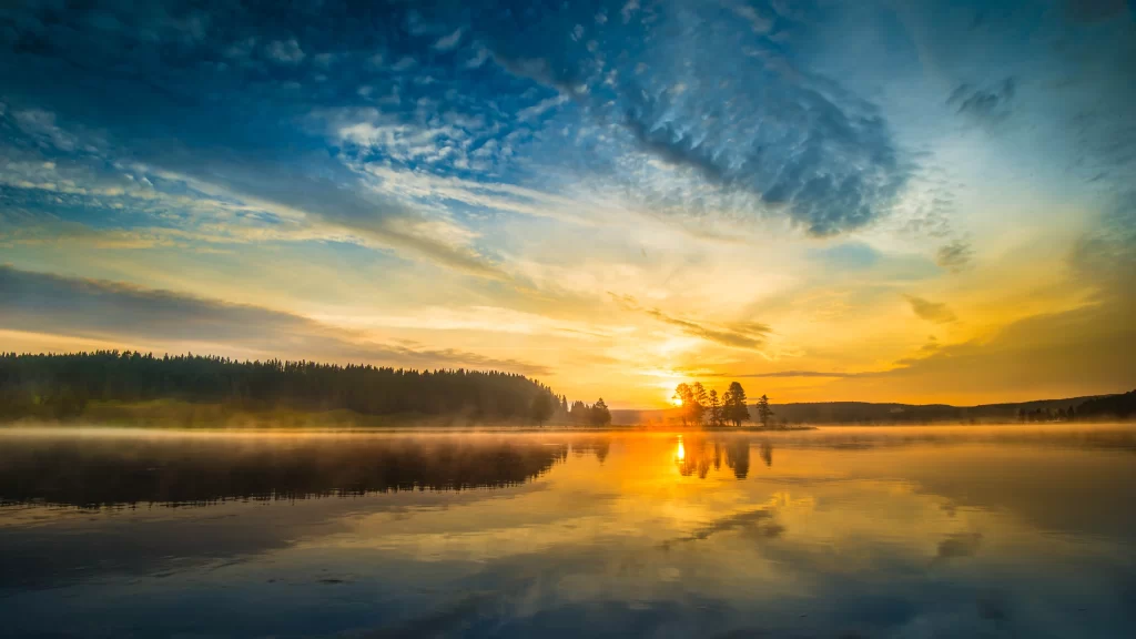 Sunset Lake Reflection Trees Clouds Mist