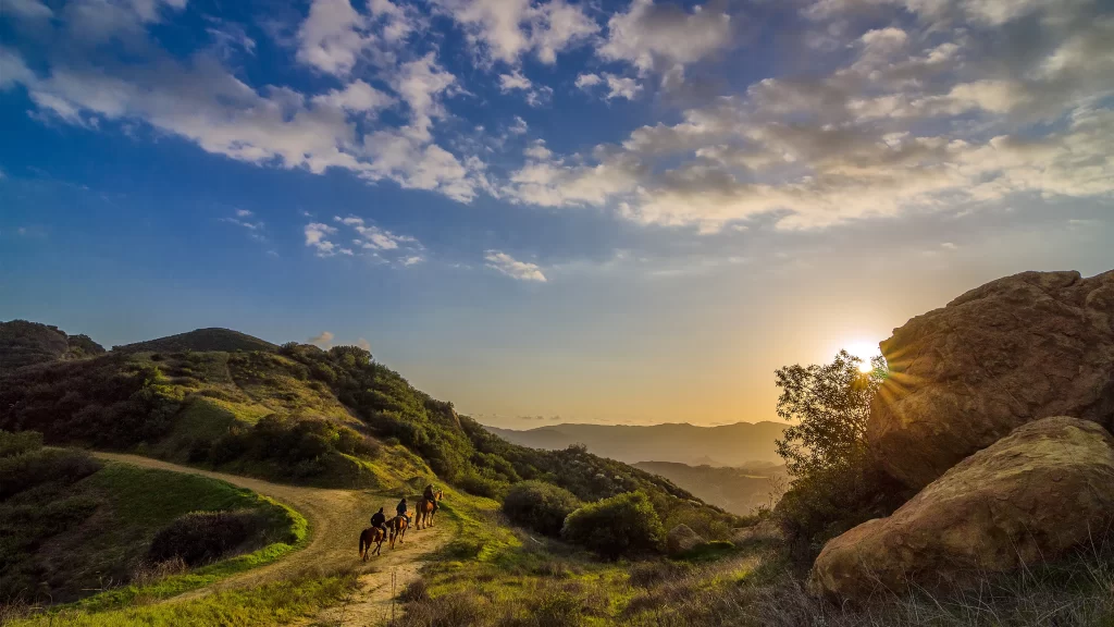 Sunset landscape dirt road greenery sky clouds