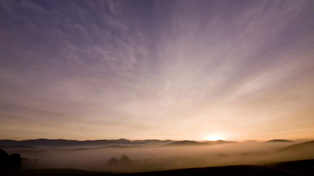 Sunset landscape fog mountains sky clouds