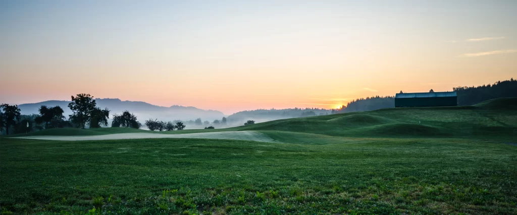 Sunset Landscape Greenery Hills Mist Tranquility