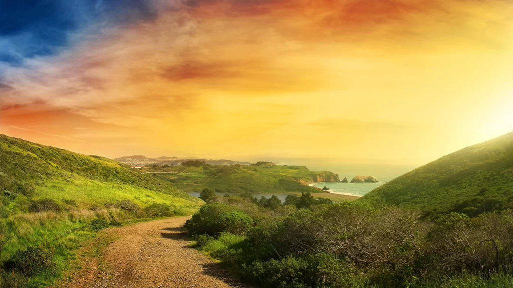 Sunset landscape path nature sky ocean hills tranquility
