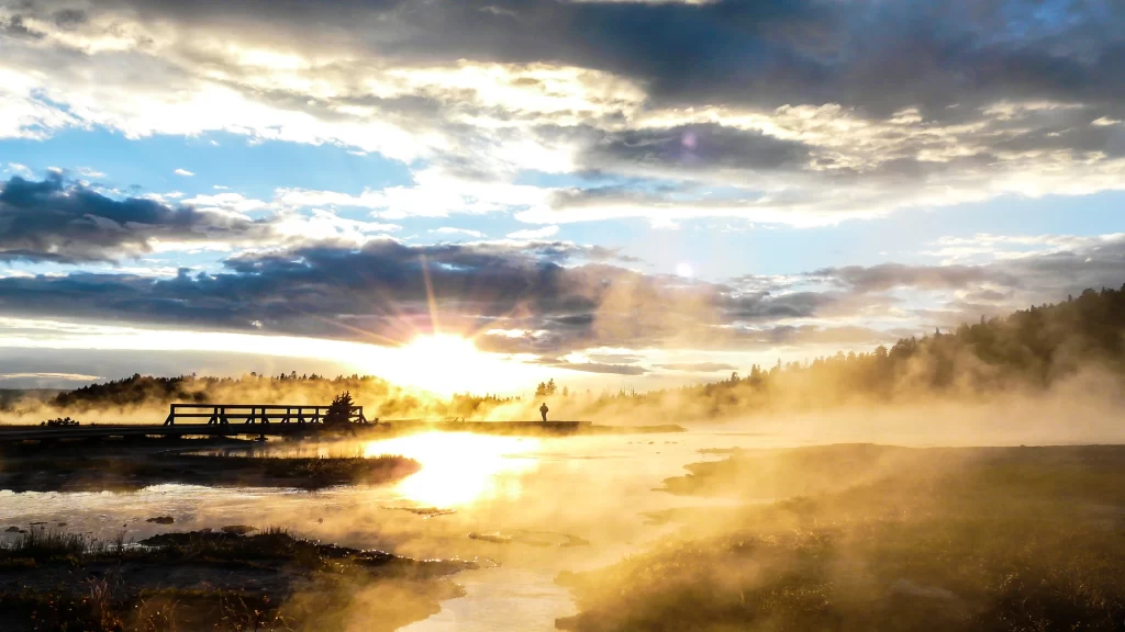 Sunset mist bridge forest water landscape