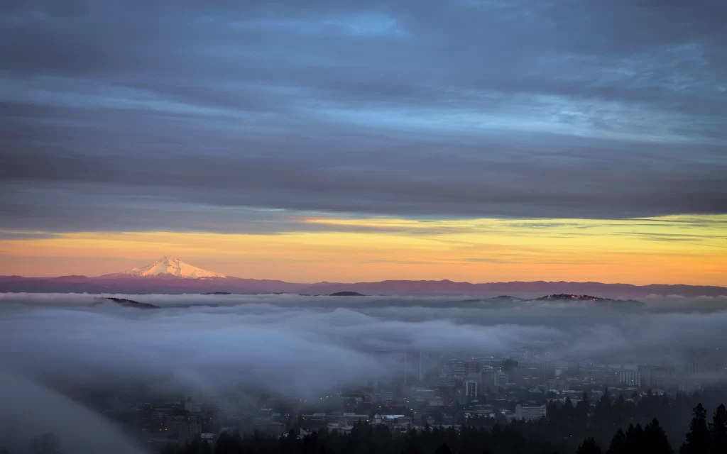 Sunset mountain clouds cityscape fog landscape
