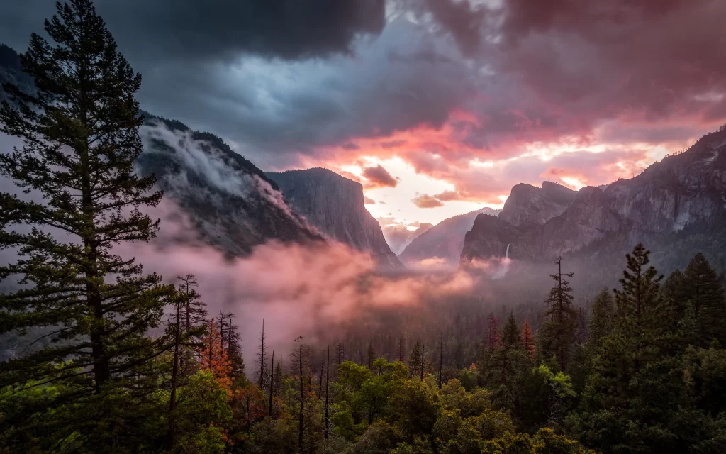 Sunset Mountains Clouds Forest Mist Tranquil