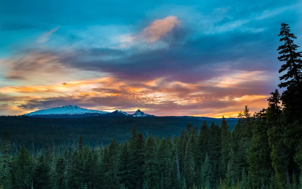 Sunset mountains forest clouds sky landscape