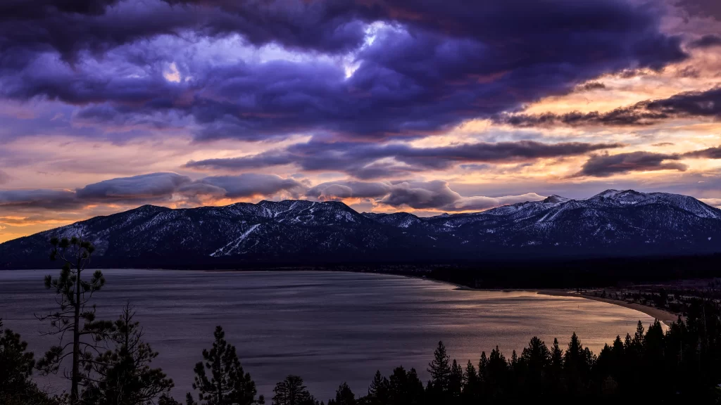 Sunset Mountains Lake Clouds Trees Snow