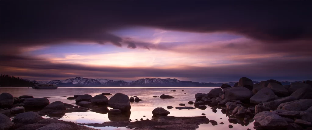 Sunset Mountains Lake Rocks Clouds Reflection