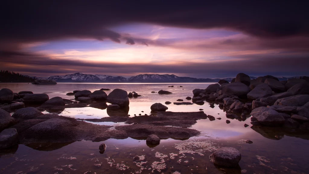 Sunset Mountains Lake Rocks Clouds Reflection
