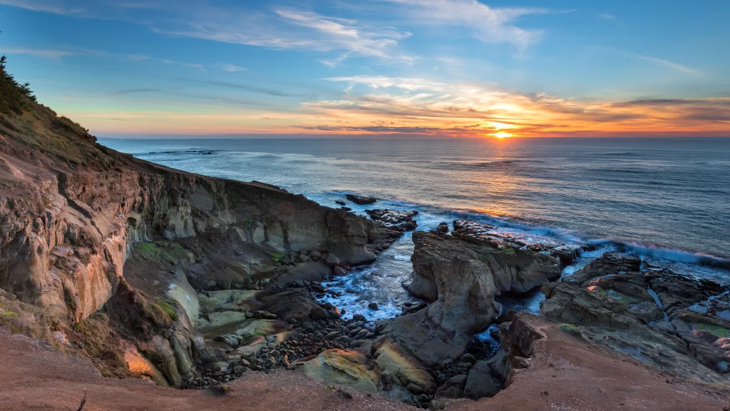 Sunset Ocean Cliffs Rocks Waves Sky