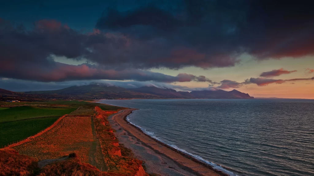 Sunset ocean clouds landscape beach mountains
