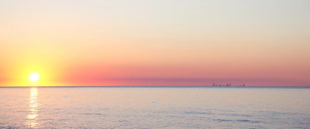 Sunset Ocean Horizon City Skyline Calm Reflection
