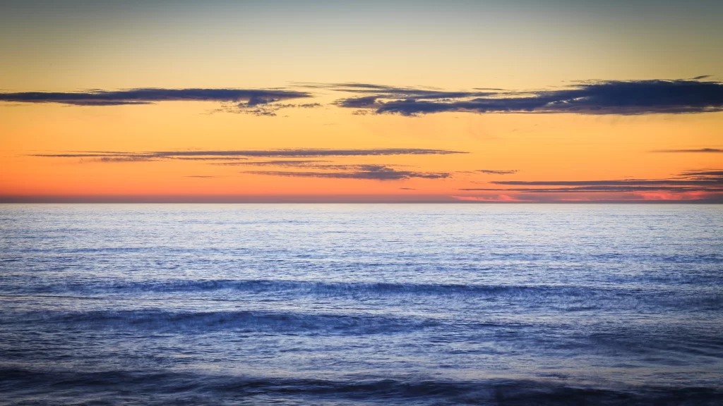 Sunset Ocean Horizon Clouds Calm Serene
