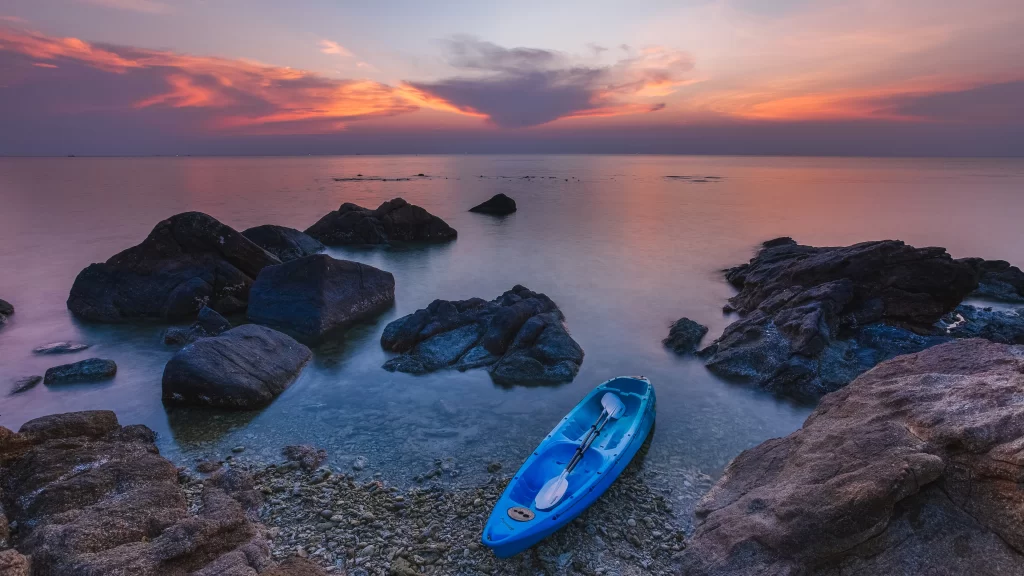Sunset Ocean Kayak Rocks Calm Sky