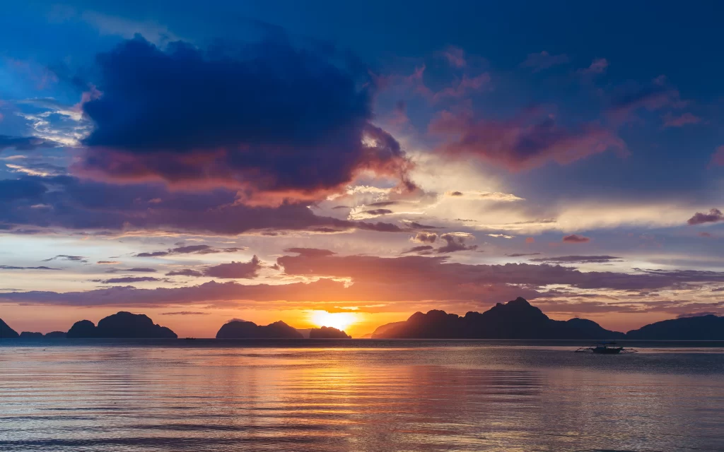 Sunset Ocean Mountains Clouds Reflection Tranquility
