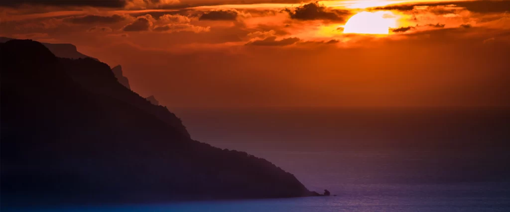 Sunset Ocean Mountains Clouds Sky Warm Colors