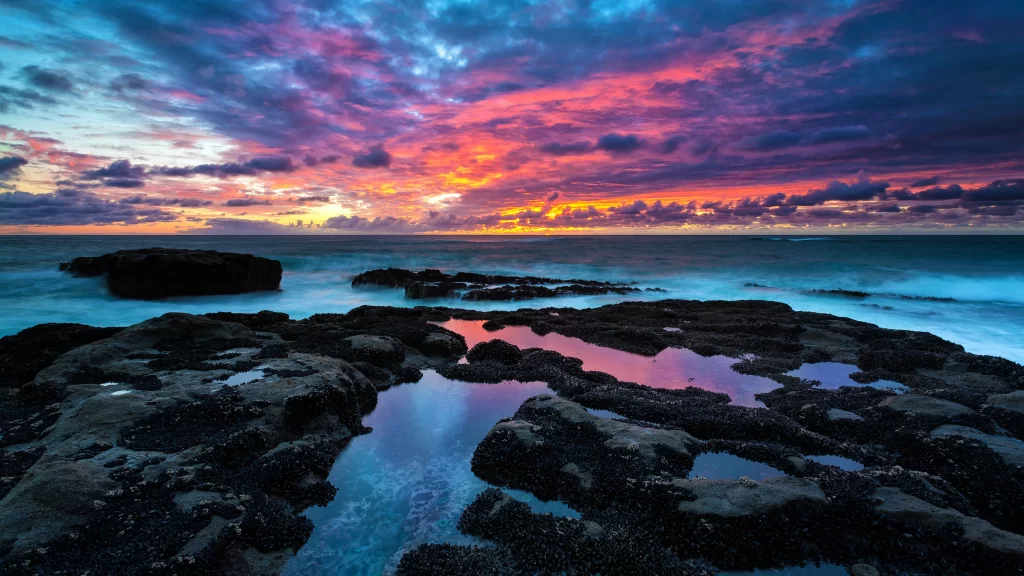 Sunset Ocean Rocks Clouds Reflection Colors