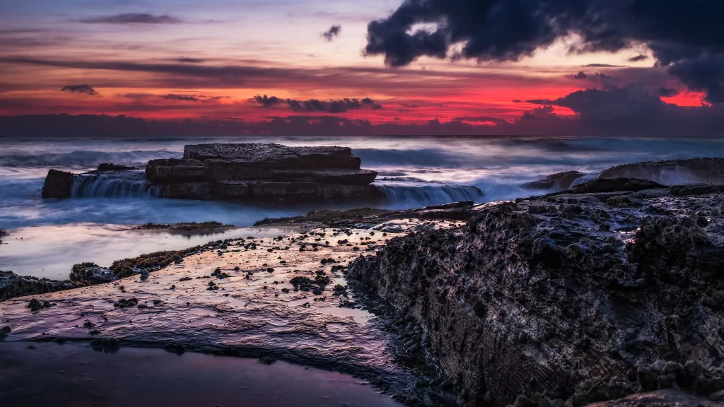 Sunset Ocean Rocks Clouds Water Sky