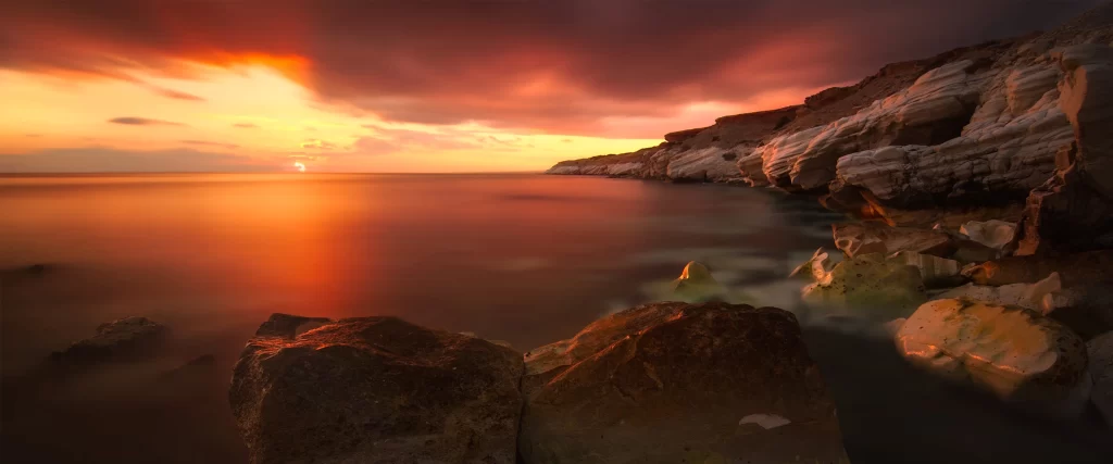 Sunset Ocean Rocks Sky Clouds Reflection