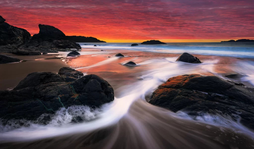 Sunset Ocean Rocks Waves Sky Colors
