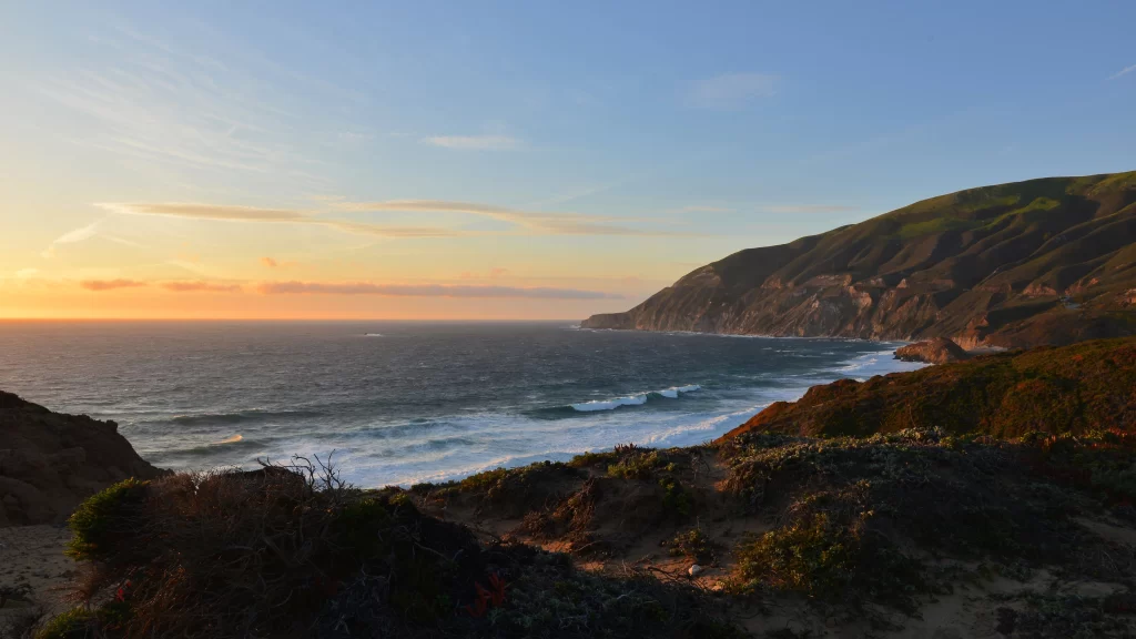 Sunset Ocean Waves Cliffs Sky Clouds