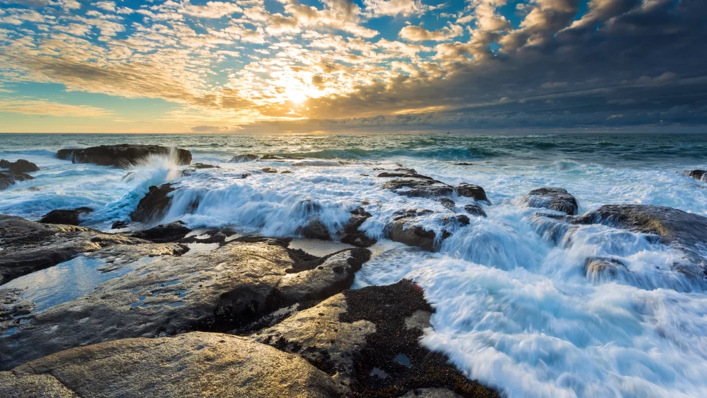 Sunset Ocean Waves Rocks Clouds Sky