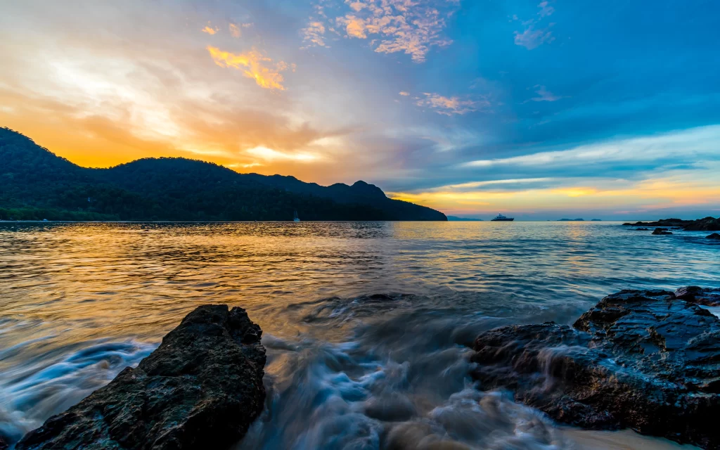 Sunset Ocean Waves Rocks Sky Clouds