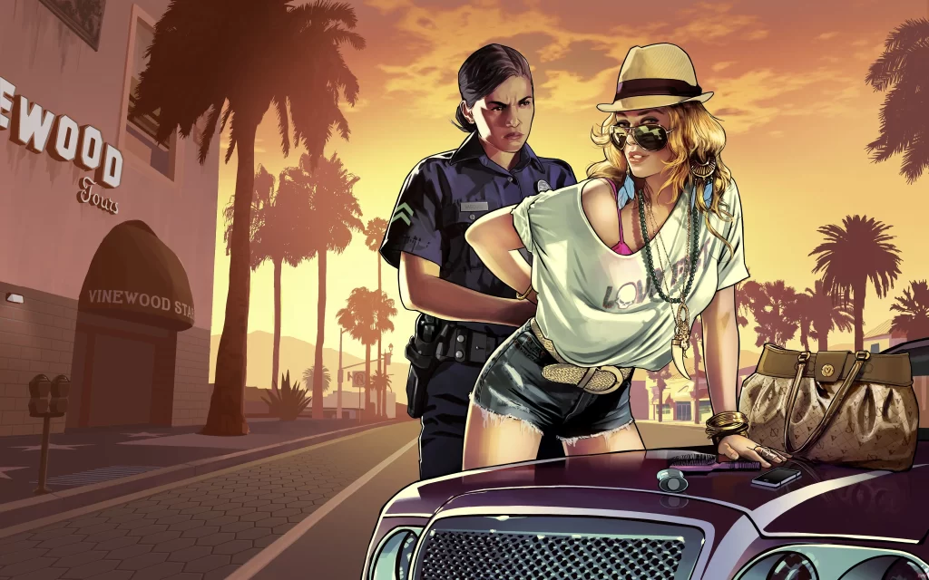 Sunset palm trees police woman car cityscape