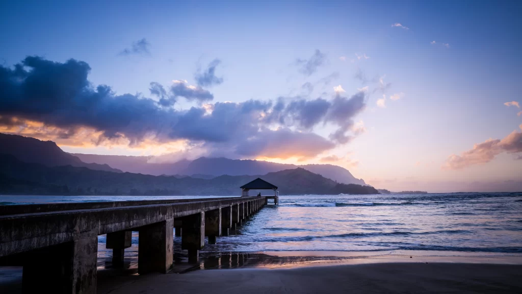Sunset Pier Ocean Mountains Clouds Serene