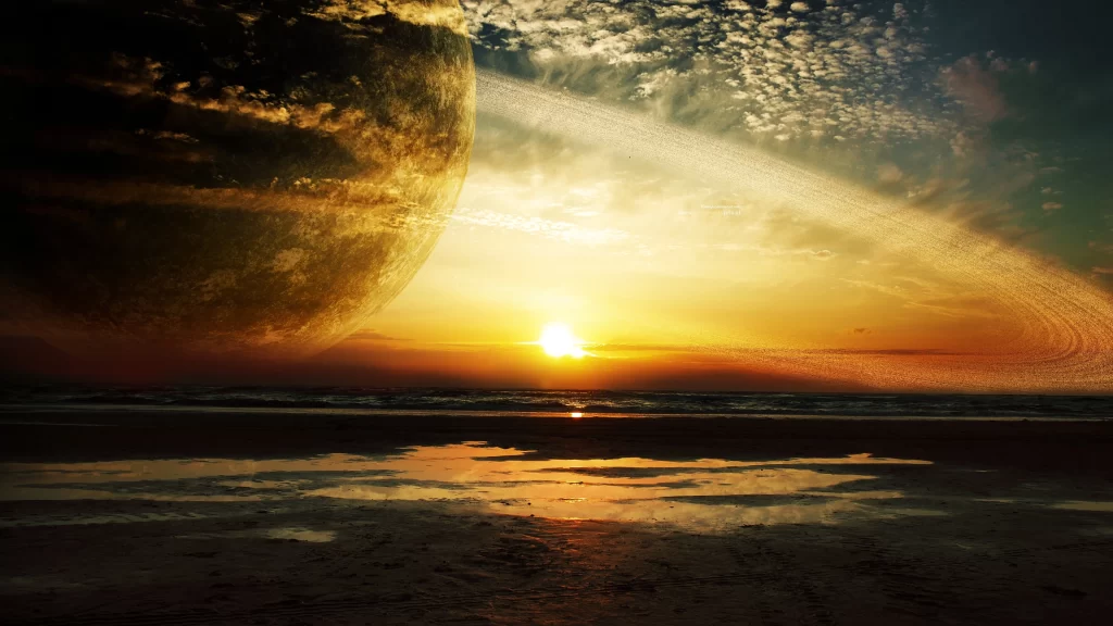 Sunset planet rings clouds horizon reflection