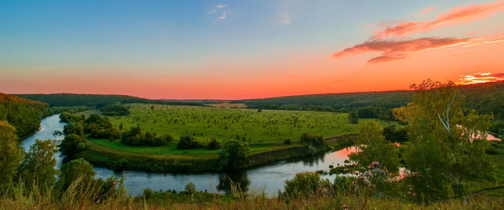 Sunset River Landscape Nature Trees Sky