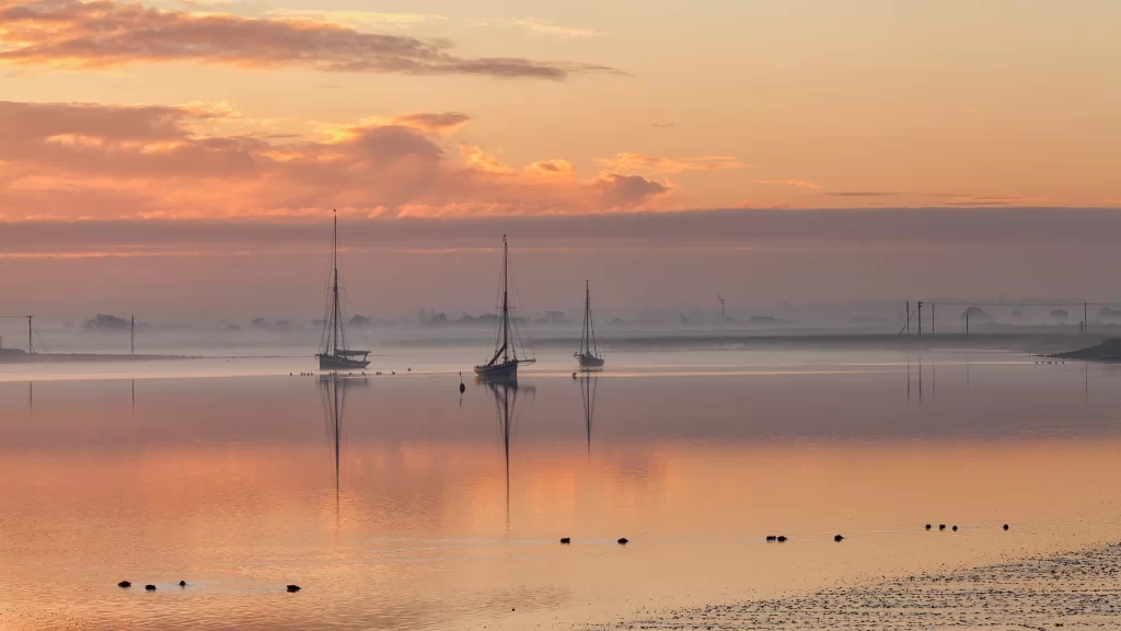 Sunset sailboats water reflection clouds horizon