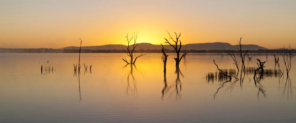 Sunset Water Trees Reflection Mountains Sky
